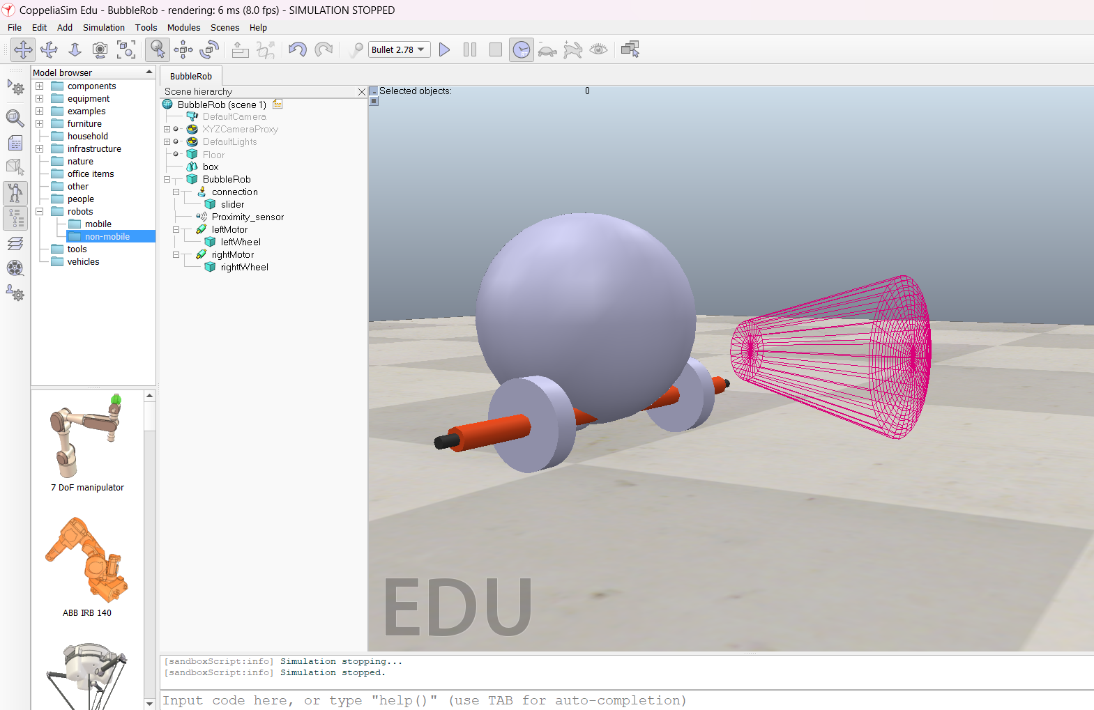 Interface graphique de Coppeliasim